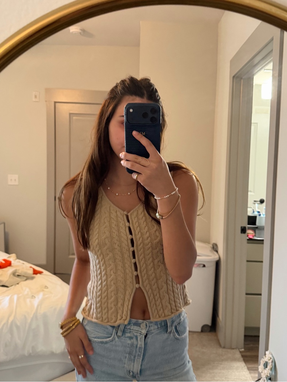 Industry Tan Cable-Knit Button Front Crop Tank Top